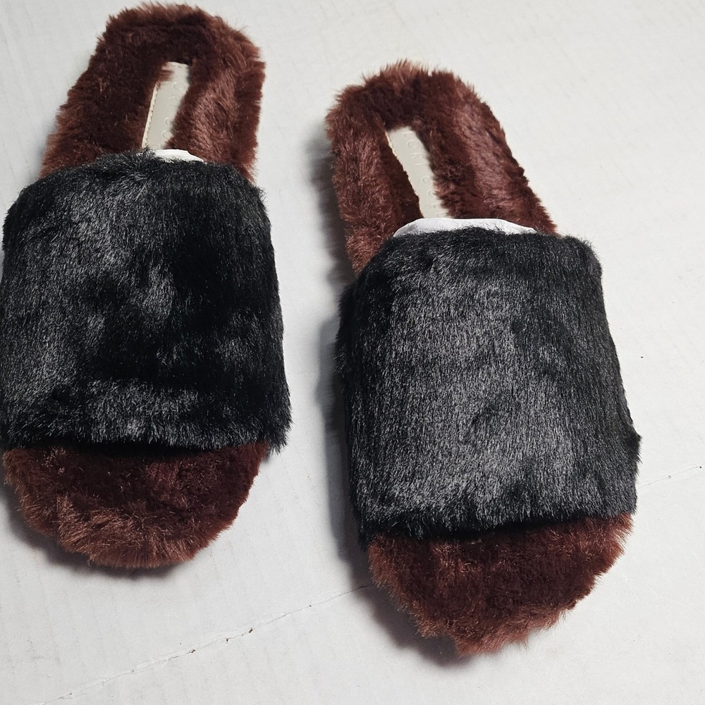 Lori Goldstein‎ Li-Dillian Black Brown Faux Fur Slide Slippers Womens 5.5M NEW